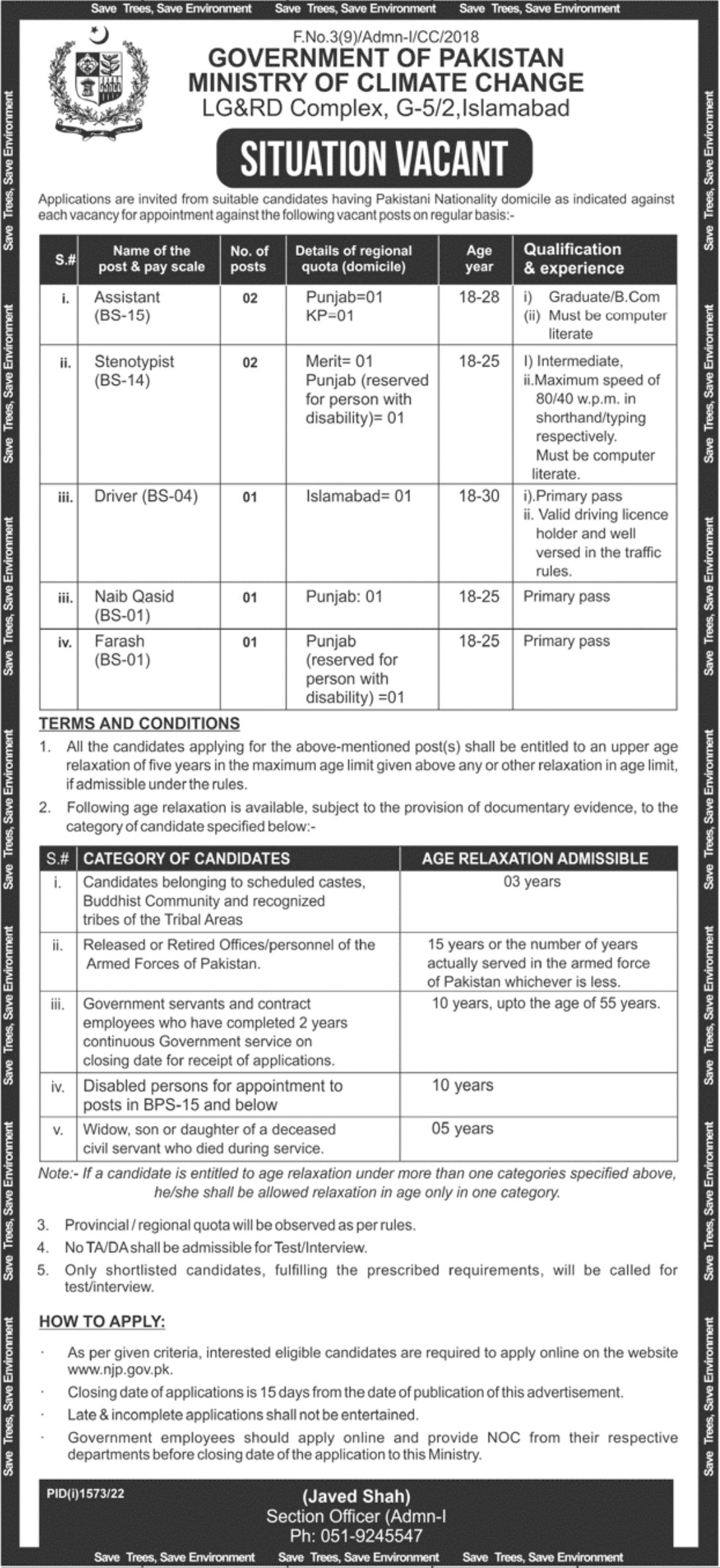 Government of Pakistan Ministry of Climate Change Jobs September 2022