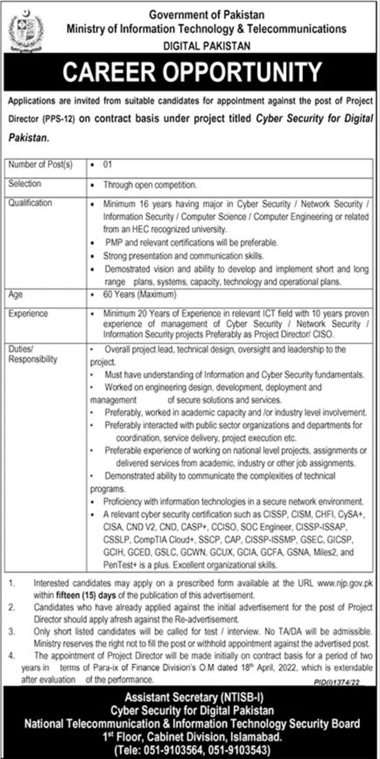 Government of Pakistan Ministry of Information Technology & Telecommunications Jobs September 2022