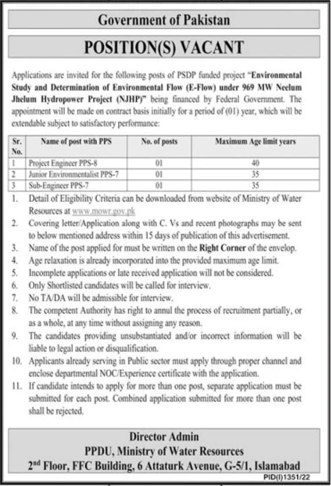 Government of Pakistan Ministry of Water Resource Jobs September 2022