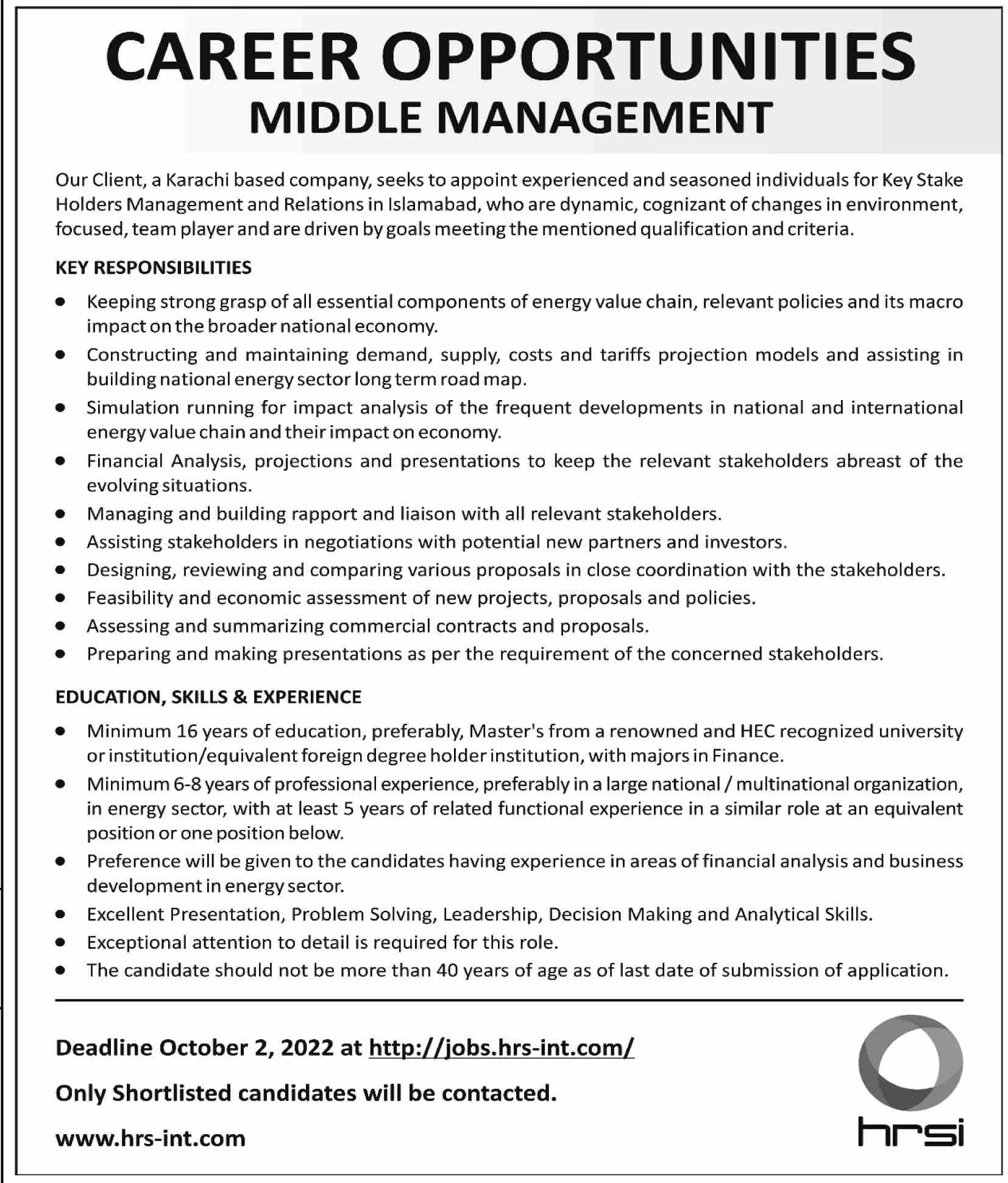 HRSI Karachi Based Company Jobs September 2022