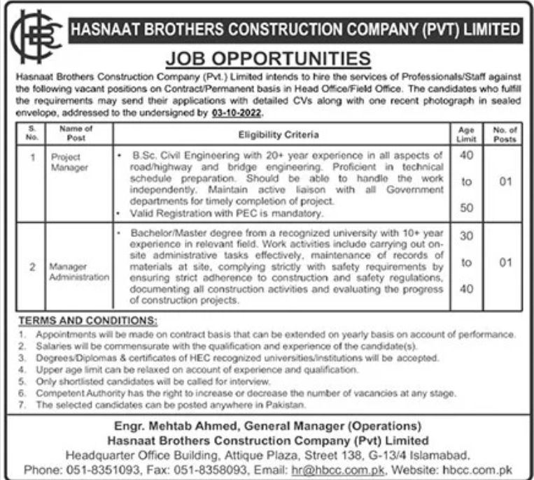 Hasnaat Brothers Construction Company Pvt Limited Jobs September 2022