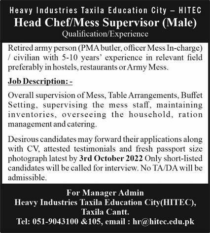 Heavy Industries Taxila Education City Jobs September 2022