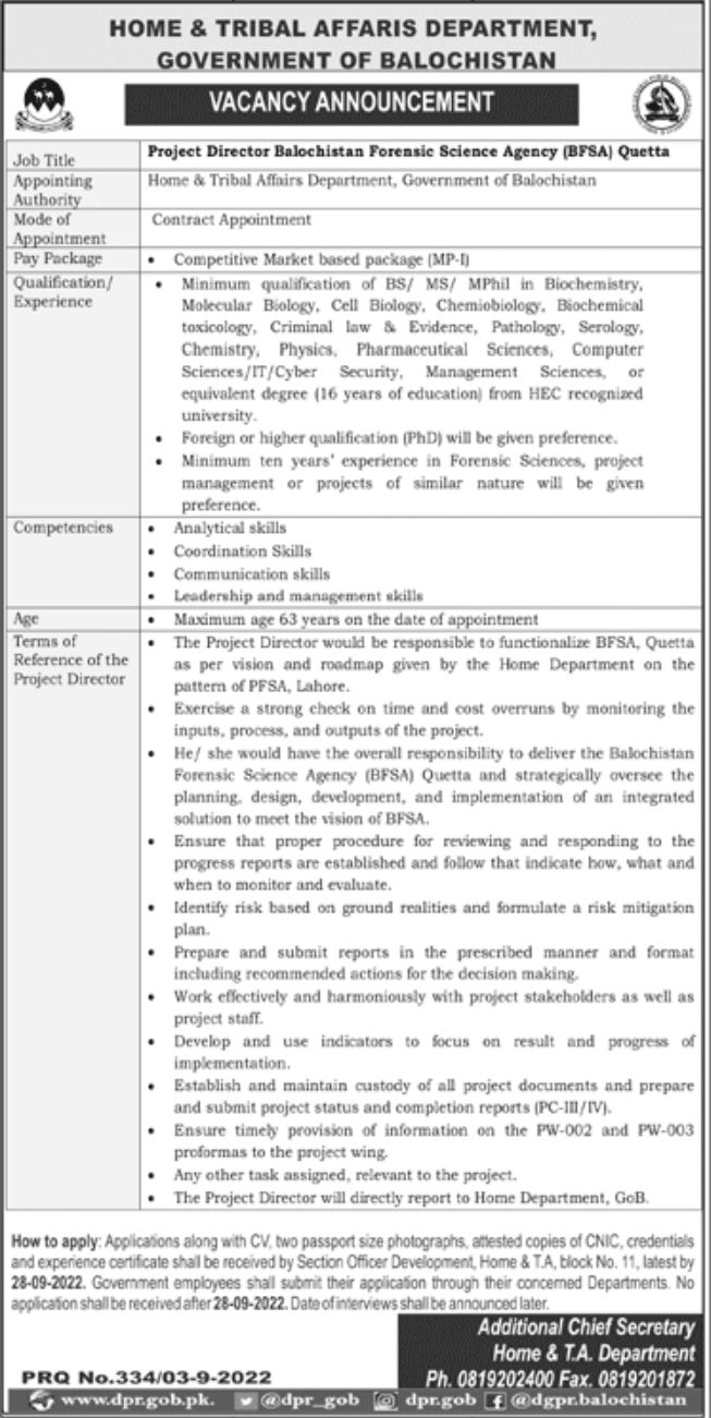 Home & Tribal Affairs Department Government of Balochistan Jobs September 2022