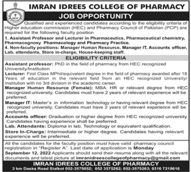 Imran Idrees College of Pharmacy Jobs September 2022