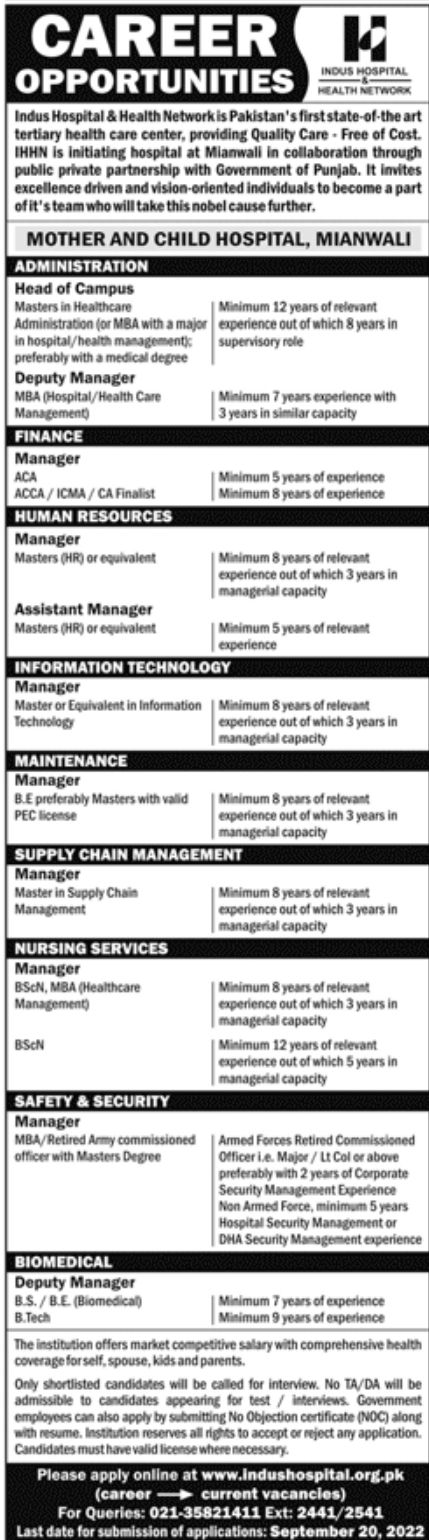 Indus Hospital & Health Networks Jobs September 2022
