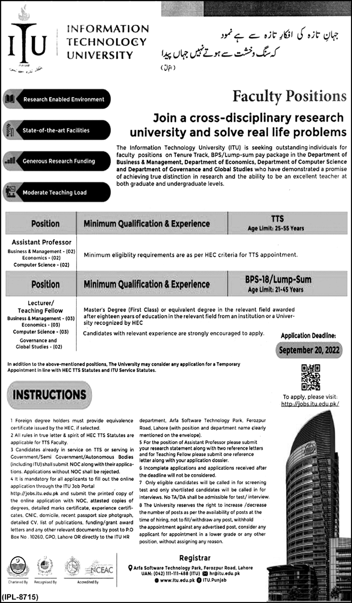 Information Technology University ITU Jobs September 2022
