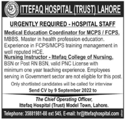 Ittefaq Hospital Trust Lahore Jobs September 2022