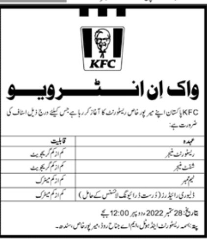 KFC Pakistan Jobs September 2022