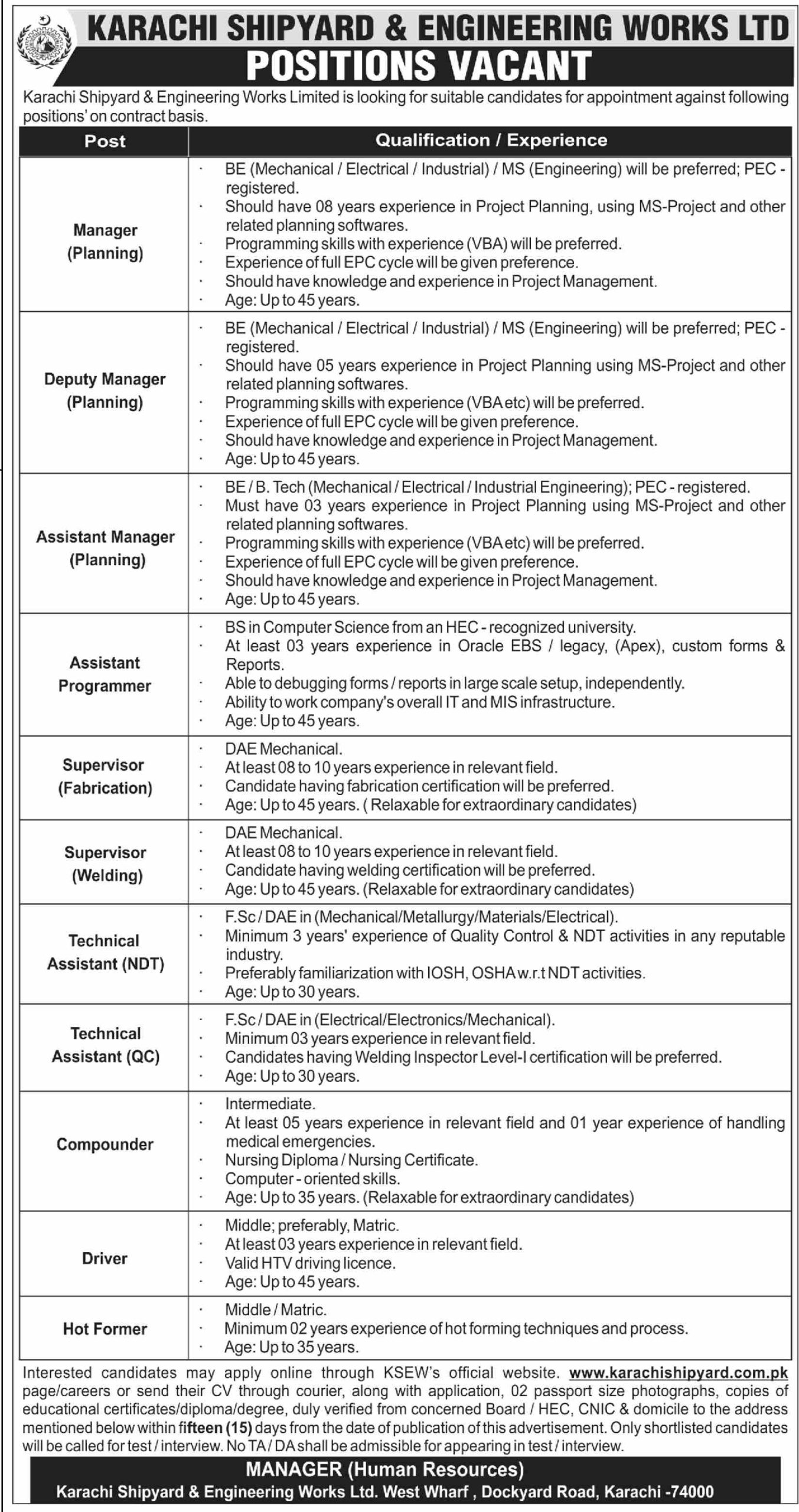 Karachi Shipyard & Engineering Works Ltd Jobs September 2022