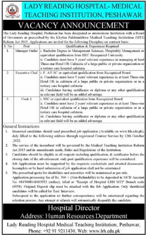 Lady Reading Hospital Peshawar Jobs September 2022