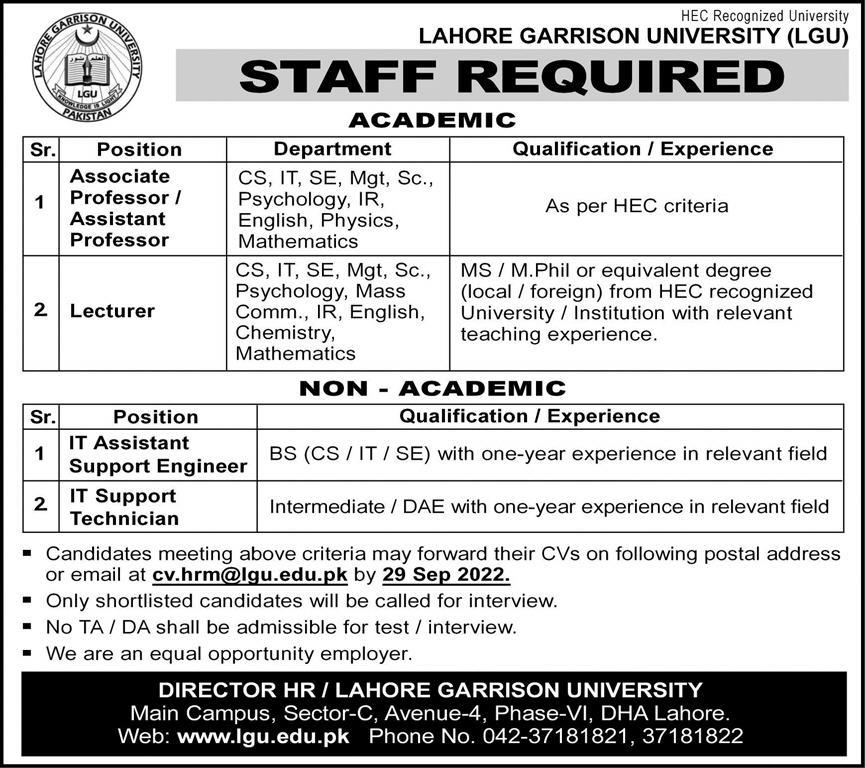 Lahore Garrison University LGU Jobs September 2022