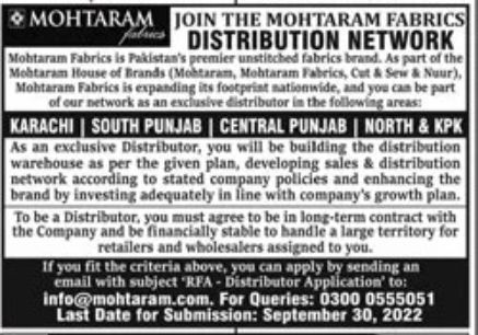 Mohtaram Fabrics Jobs September 2022