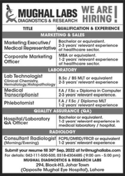 Mughal Labs Diagnostics & Research Jobs September 2022