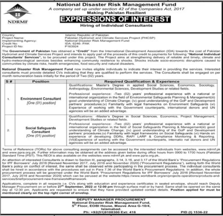 National Disaster Risk Management Fund Jobs September 2022