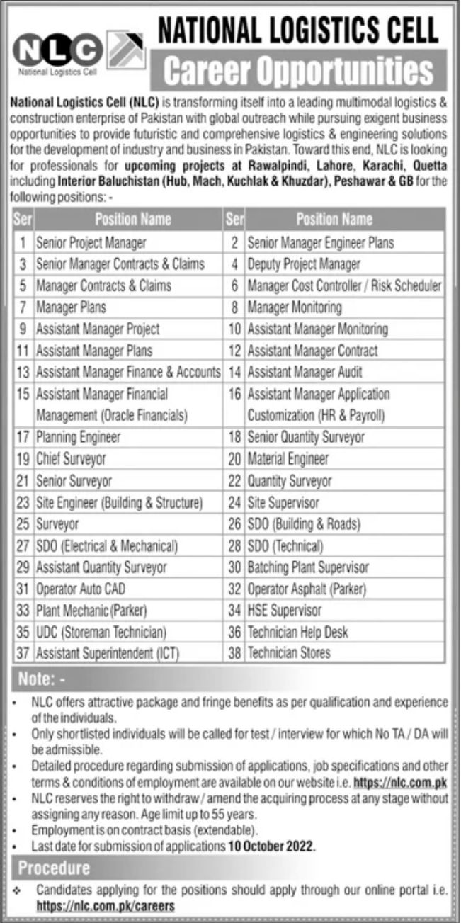 National Logistics Cell NLC Jobs September 2022