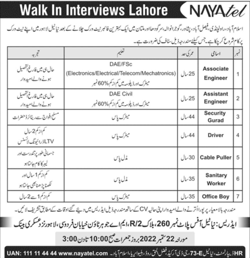 Nayatel Fiber Networks Jobs September 2022
