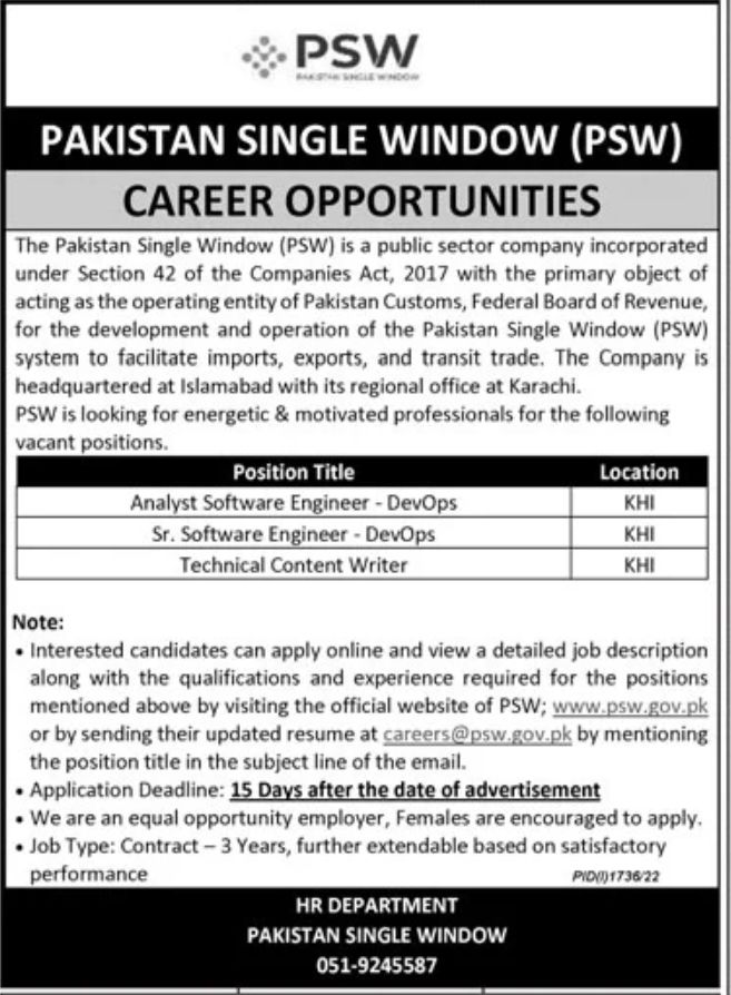 Pakistan Single Window PSW Jobs September 2022