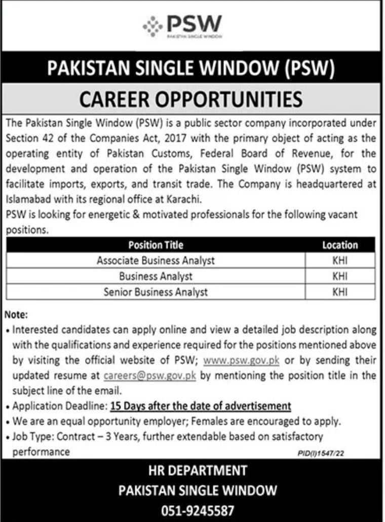 Pakistan Single Window PSW Jobs Swptember 2022
