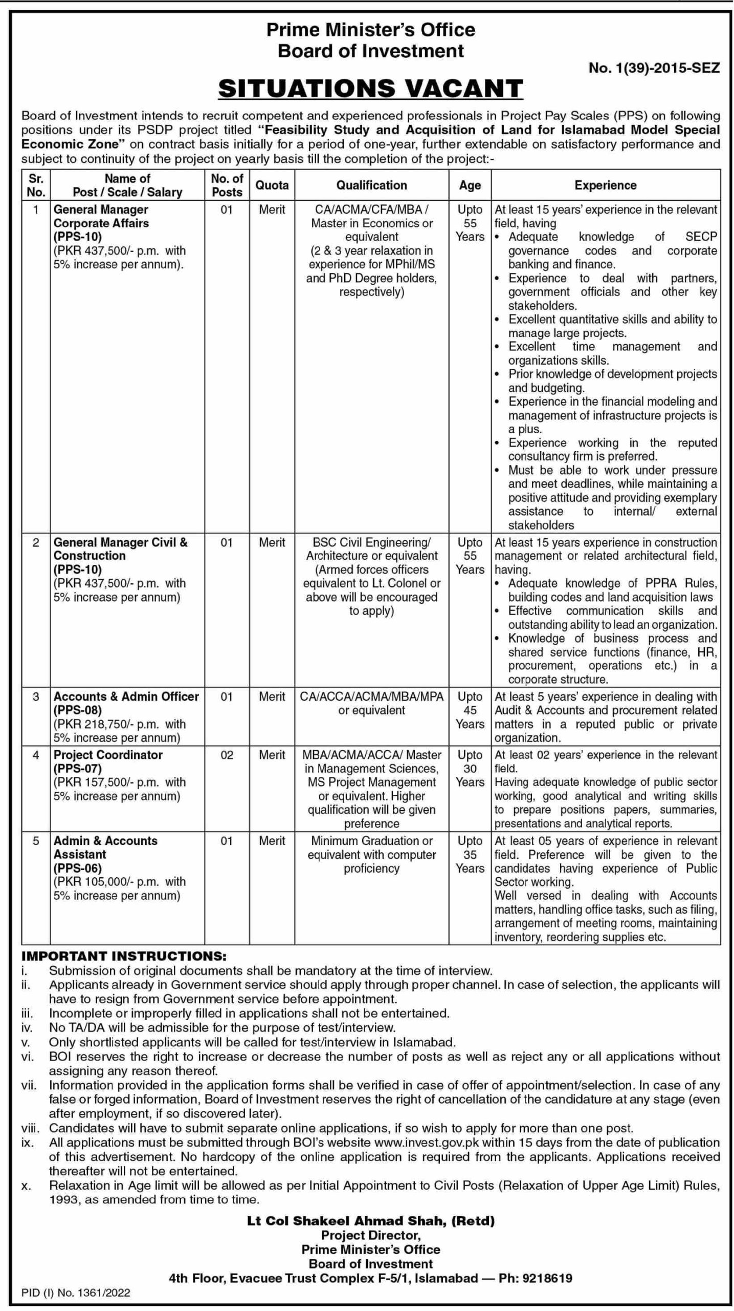 Prime Minister's Office Board of Investment Jobs September 2022