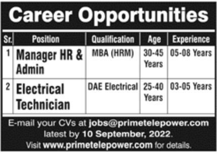 Prime Tele Power Jobs September 2022