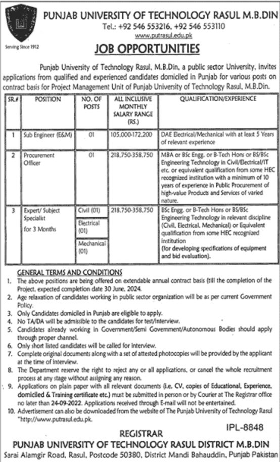 Punjab University of Technology Jobs September 2022