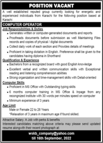 Reputed Group Karachi Jobs September 2022