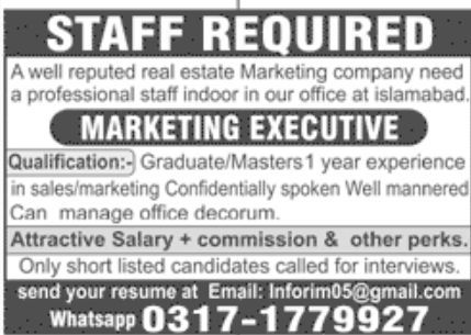 Reputed Real Estate Marketing Company Jobs September 2022