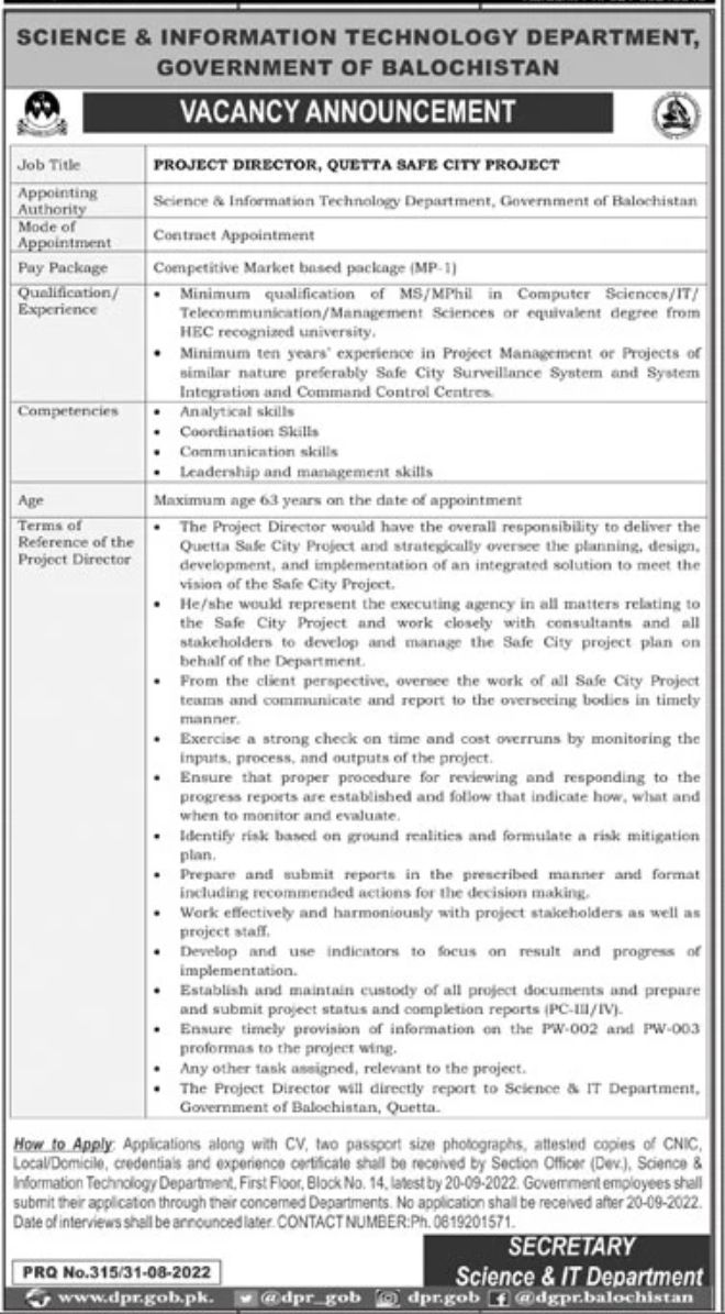 Science & Information Technology Department Jobs September 2022