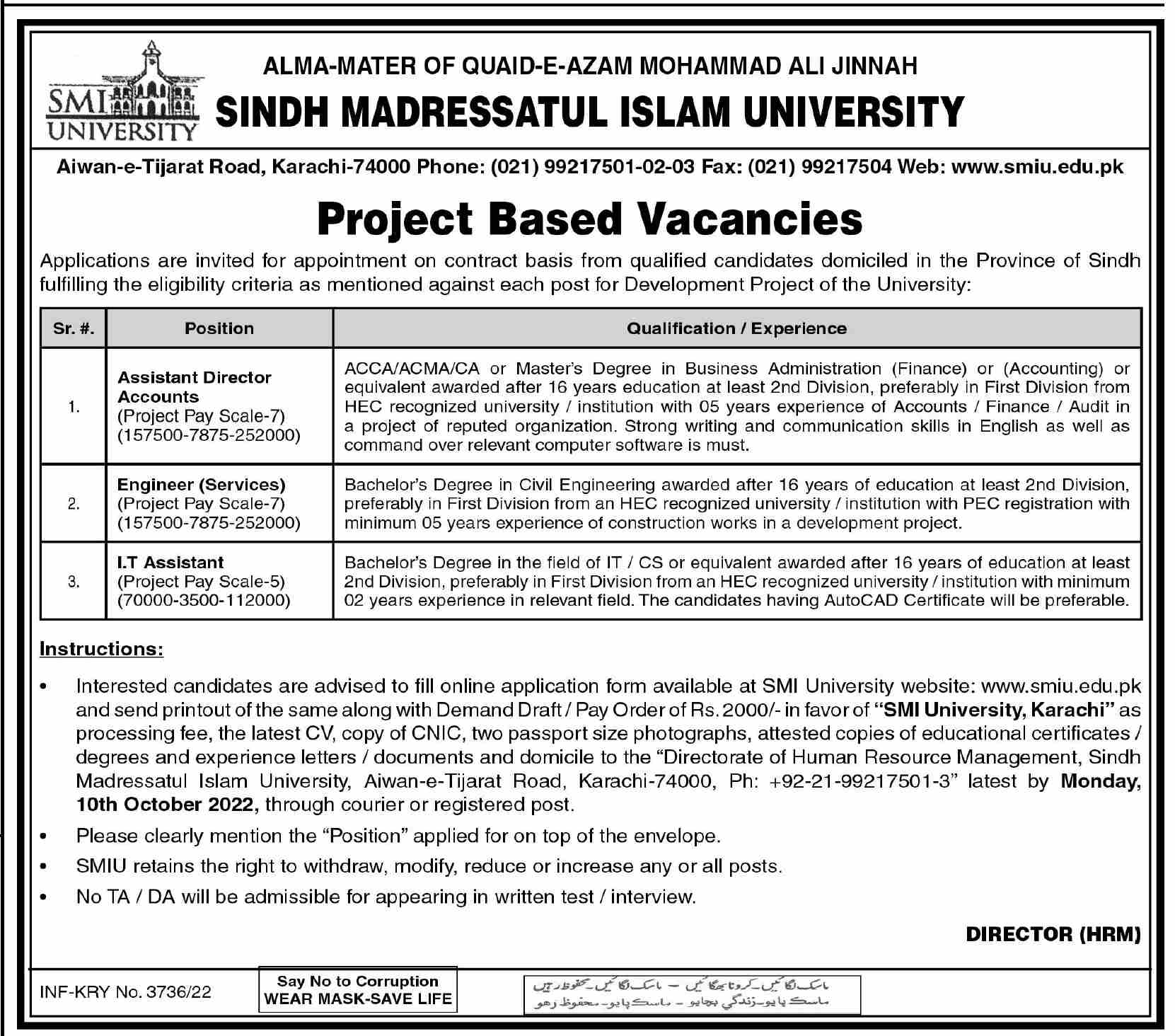 Sindh Madressatul Islam University Jobs September 2022