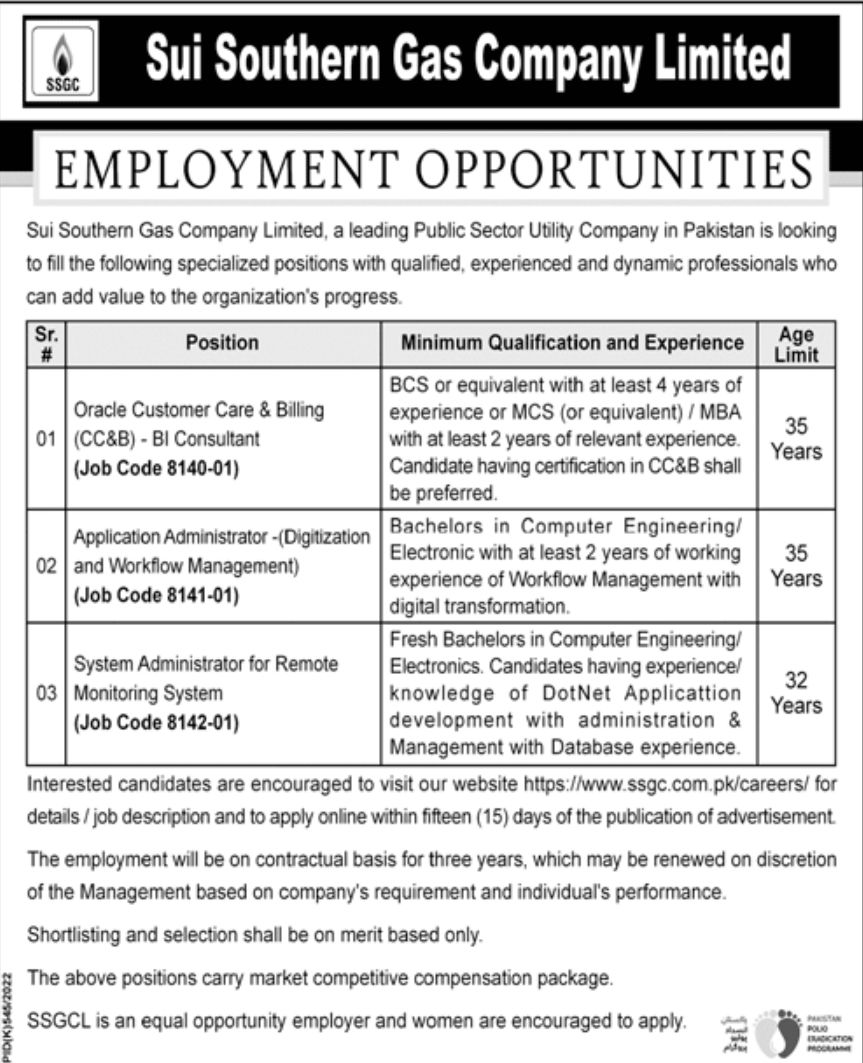 Sui Southern Gas Company Limited Jobs September 2022