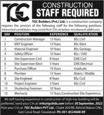 TGC Builders Pvt Ltd Jobs September 2022