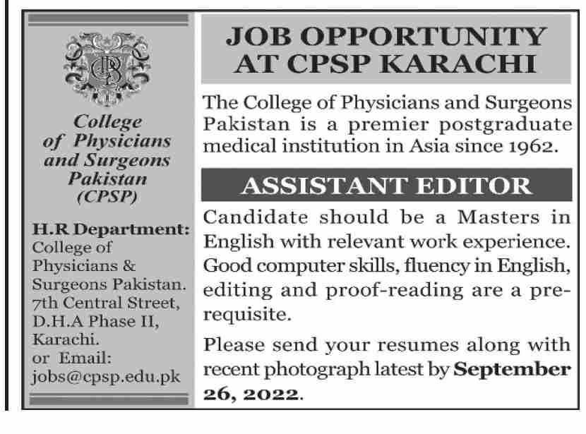 The College of Physicians and Surgeons Pakistan Jobs September 2022