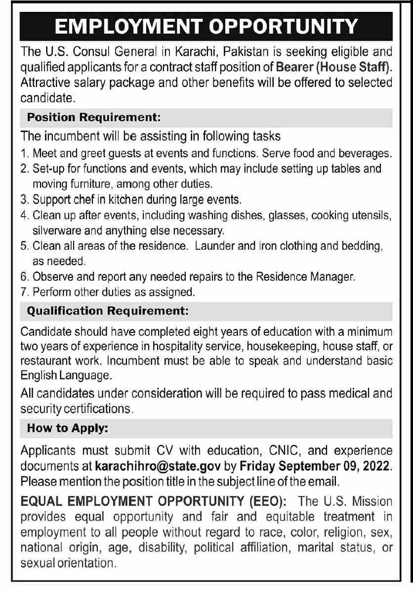 The US Consul General in Karachi Jobs August 2022