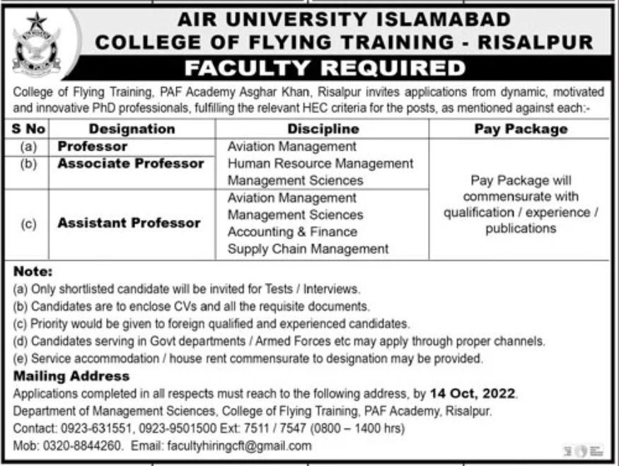 Air University Islamabad College of Flying Training Jobs October 2022