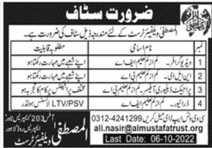 Al Mustafa Welfare Trust Jobs October 2022