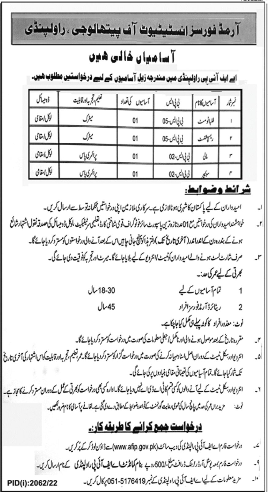 Armed Forces Institute of Pathology Rawalpindi Jobs October 2022