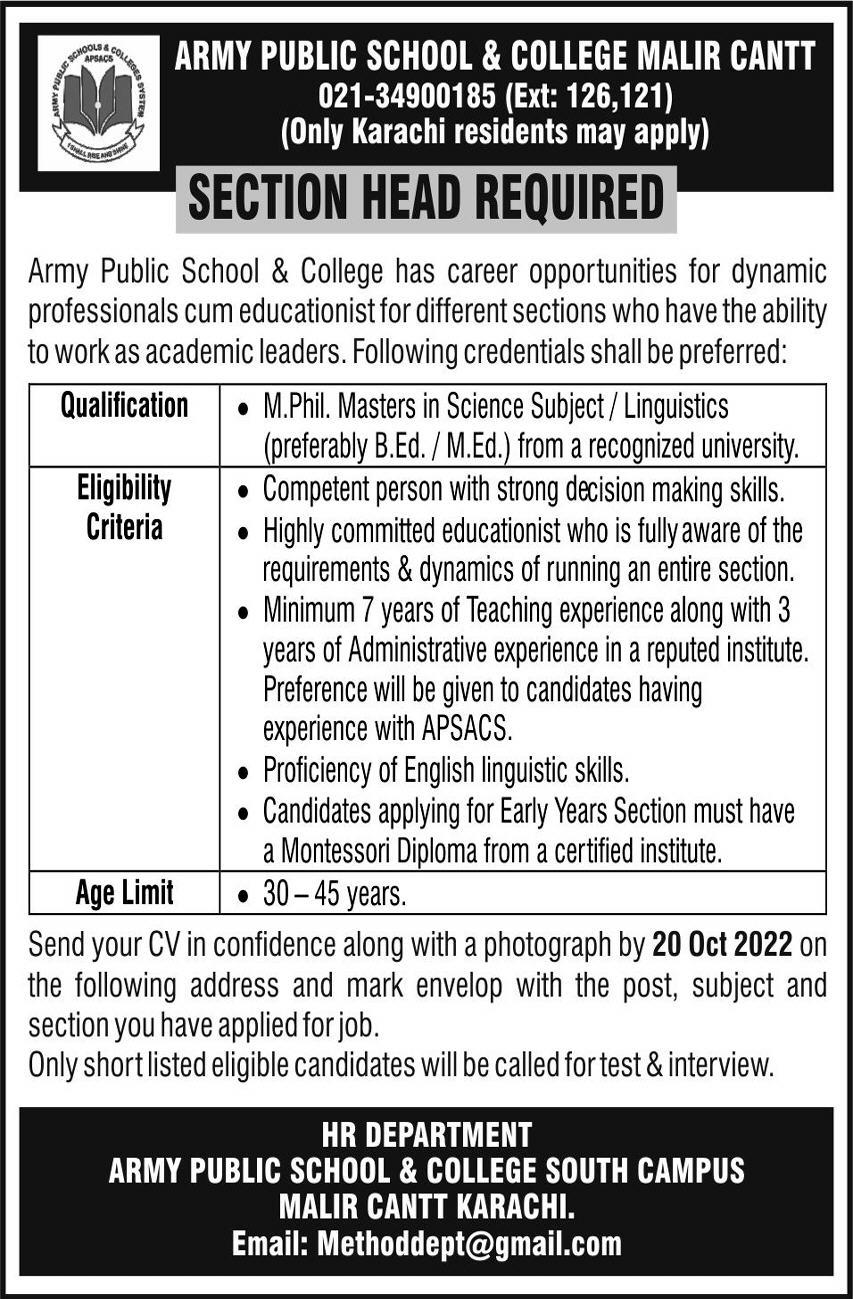 Army Public School & College Malir Cantt Jobs October 2022