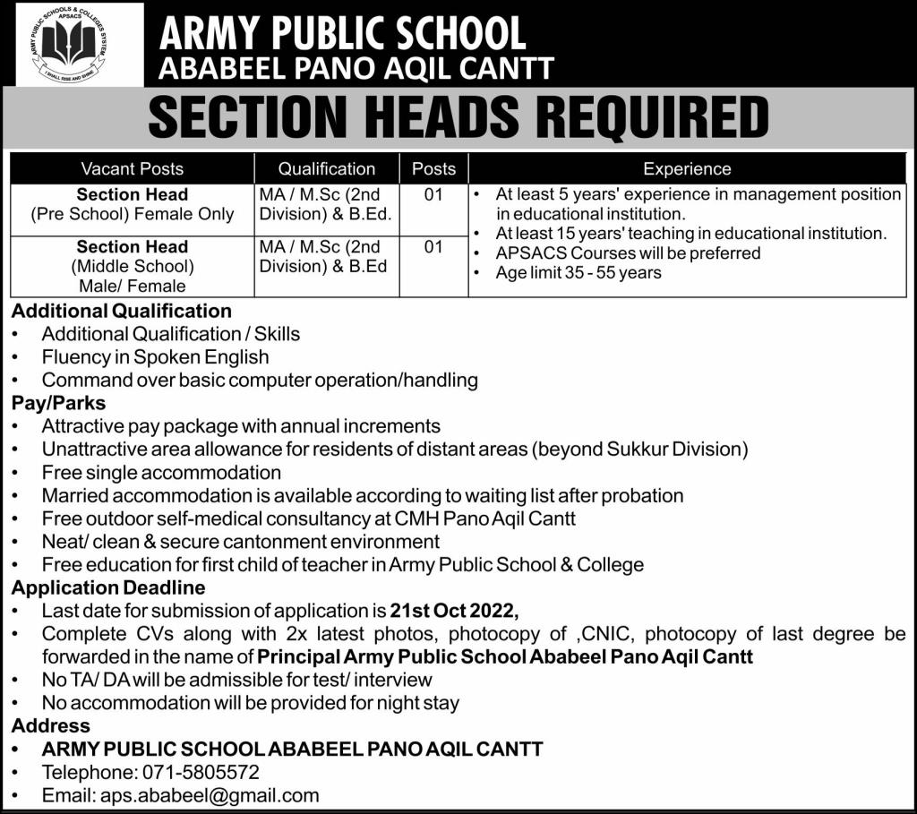 Army Public School Jobs October 2022