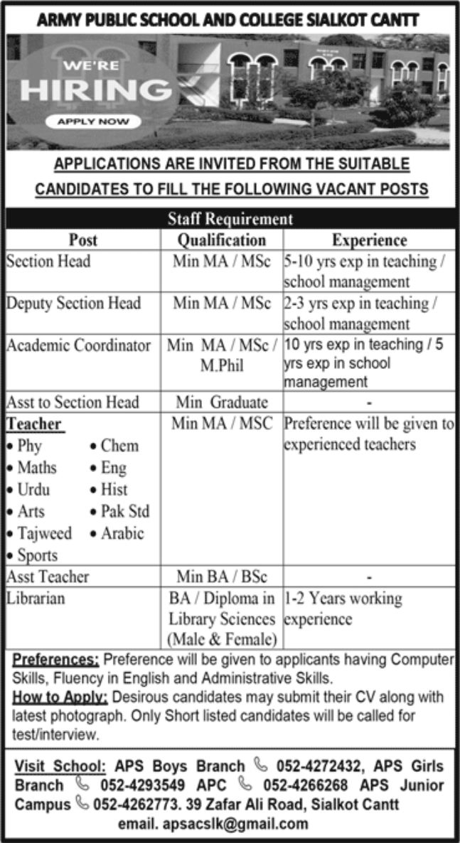 Army Public School and College Sialkot Cantt Jobs October 2022