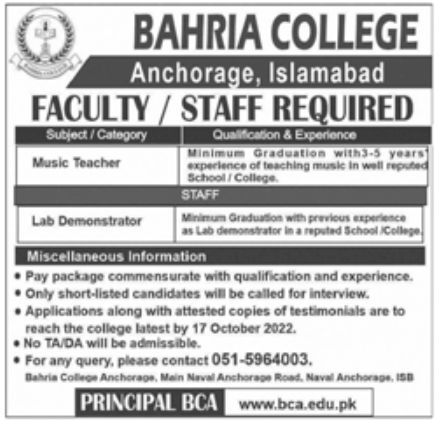 Bahria College Jobs October 2022