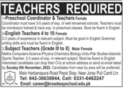 Broadway school Jobs October 2022