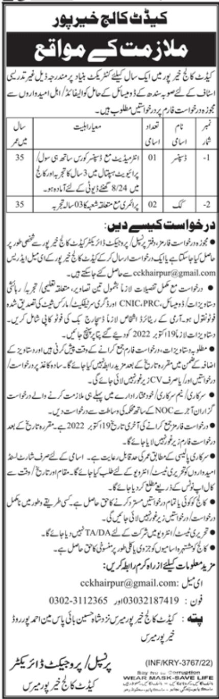 Cadet College Khairpur Jobs October 2022