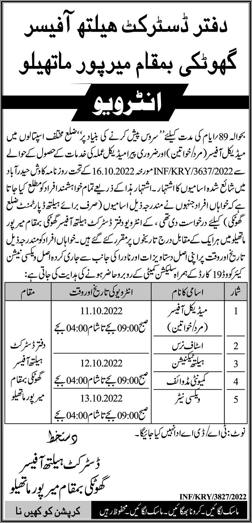 District Health Officer Ghottki Jobs October 2022