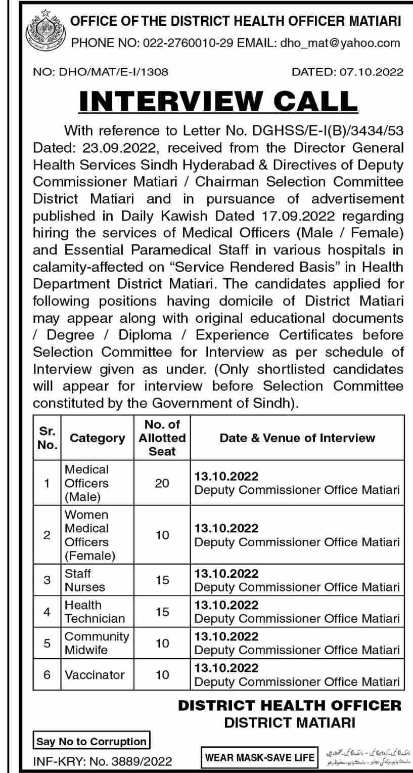 District Health Officer Matiari Jobs October 2022