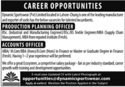 Dynamic Sportswear Pvt Limited Jobs October 2022