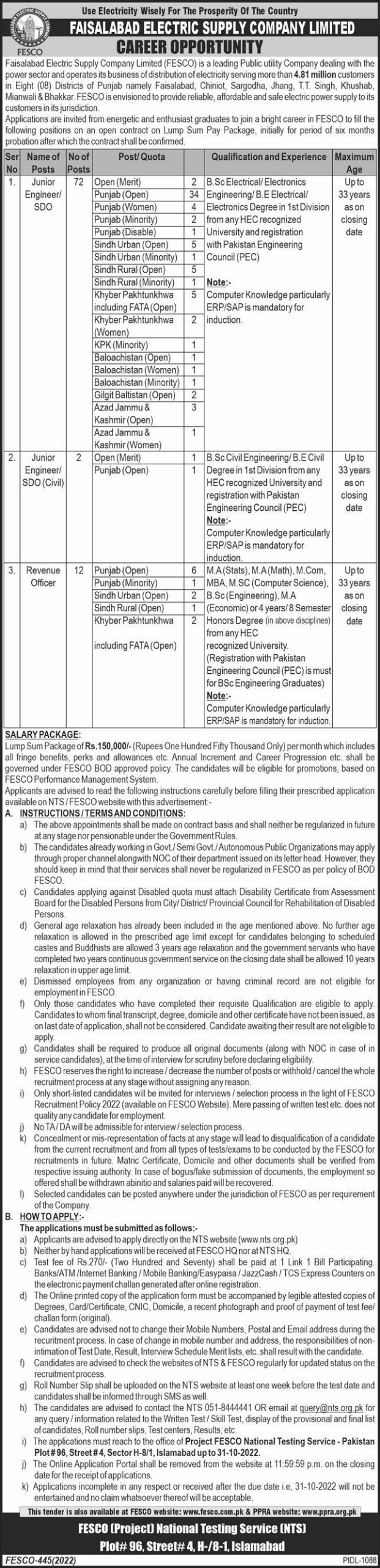 Faisalabad Electric Supply Company Limited FESCO Jobs October 2022