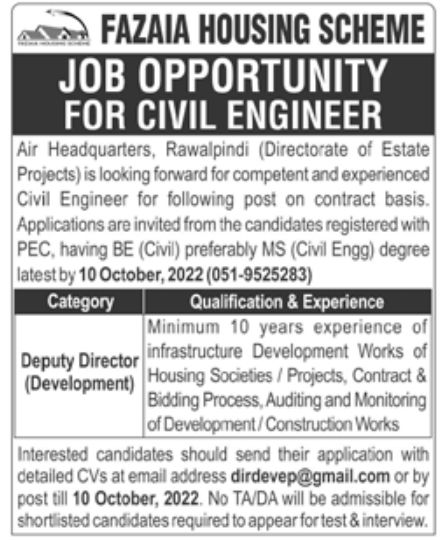 Fazaia Housing Scheme Jobs October 2022