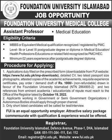 Foundation University Islamabad Jobs October 2022