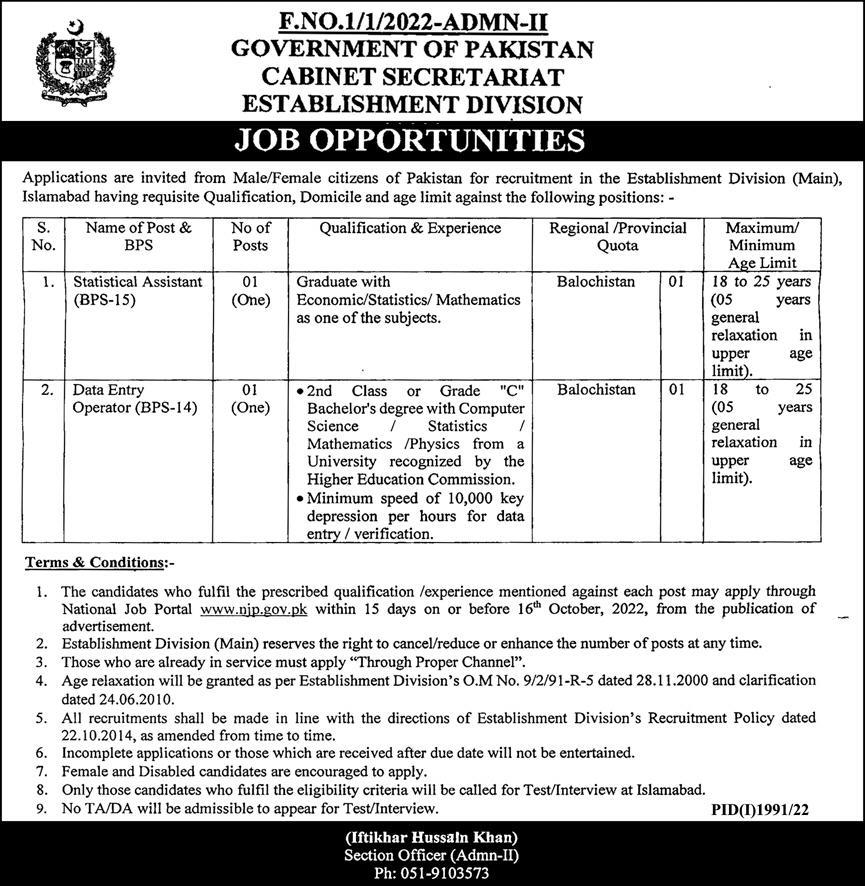 Government of Pakistan Establishment Division Jobs October 2022
