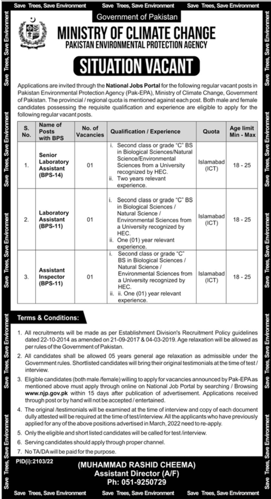 Government of Pakistan Ministry of Climate Change Jobs October 2022